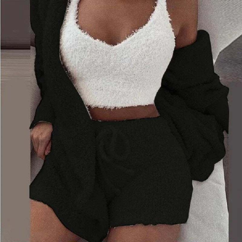 Women Set New Loose Womens High Waist Cardigan Coat Shorts Crop Top Piece Set Casual Soft Sweatsuits for Women Casual Sports