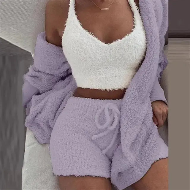 Women'S Comfortable Knit Pajama Set Crop-Top with V-Neck Winter Plush Loungewear Casual 3-Piece Set Long Sleeve Shorts Sports