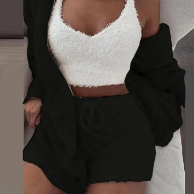Women'S Comfortable Knit Pajama Set Crop-Top with V-Neck Winter Plush Loungewear Casual 3-Piece Set Long Sleeve Shorts Sports